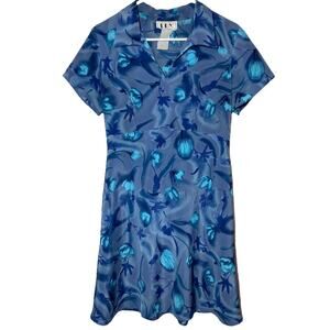 VTG DBY A-Line Dress Short Sleeve Collared Self Tie Back Floral Print Blue M 10